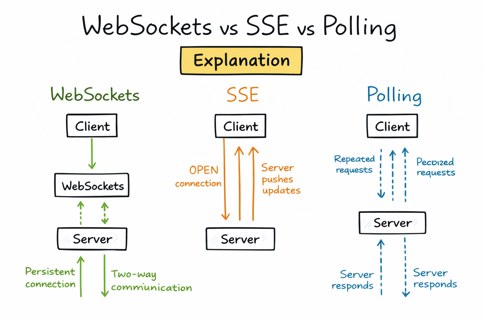 WebSockets vs SSE vs Polling Explanation